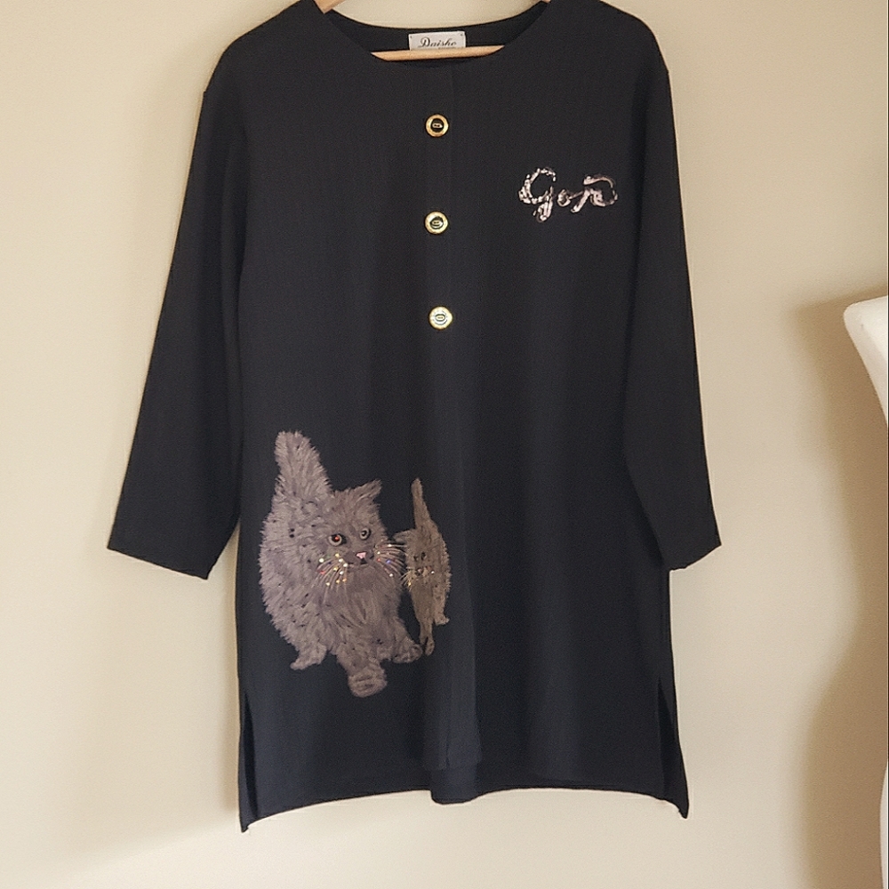 KITTY CAT DRESS w Rhinestone EYES  Long Tunic Stretchy Loose A-LINE L XL